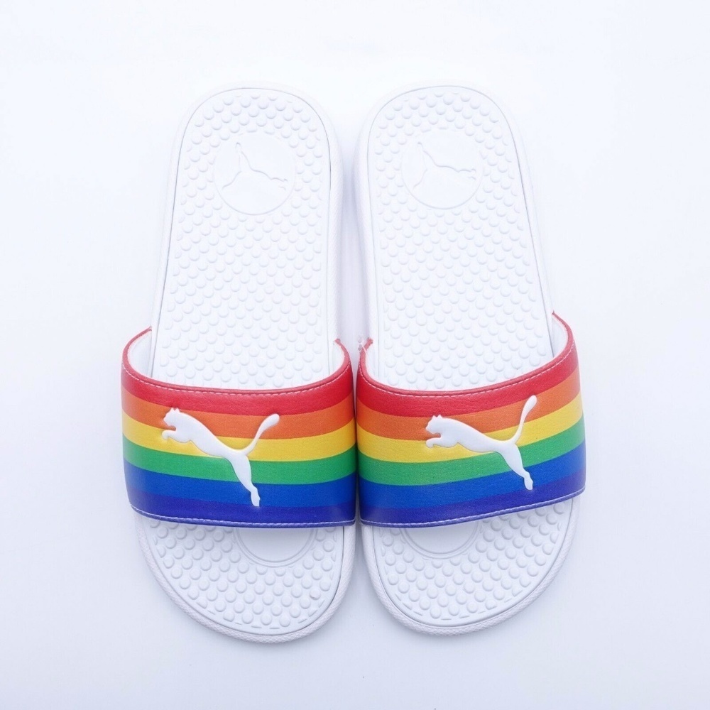 NEW PUMA Women's Cool Cat Rainbow Pride Slide Sandals 383190-01 White